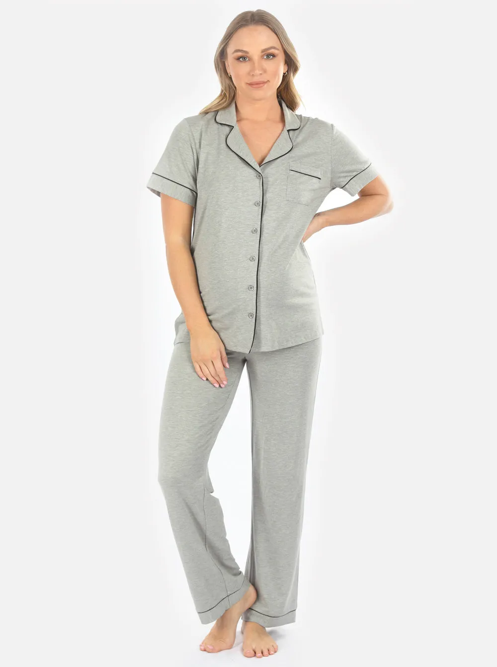 Maternity and Nursing short Sleeve Pajama Set in Marl Grey Bamboo