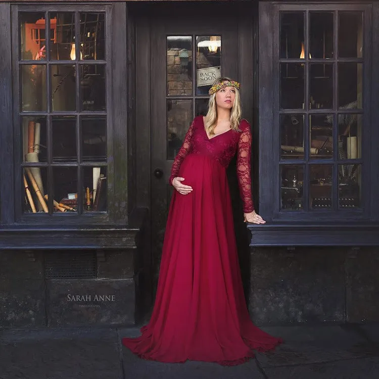 Maternity V-neck Long-sleeves Lace Top Full-length Chiffon Dress for Photoshoot