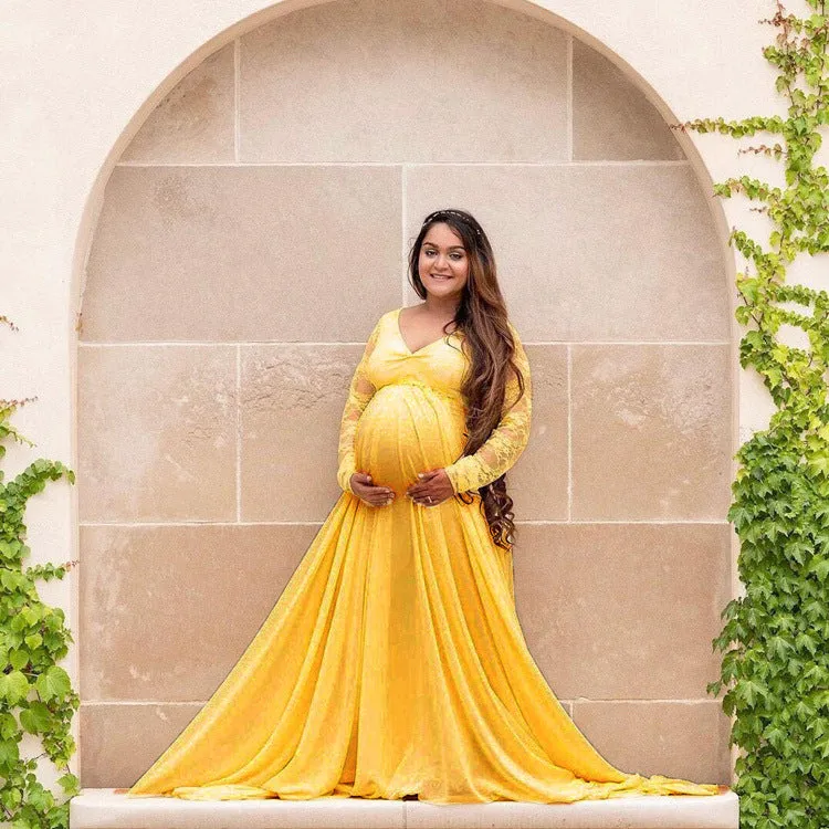 Maternity V-neck Long-sleeves Lace Top Full-length Chiffon Dress for Photoshoot