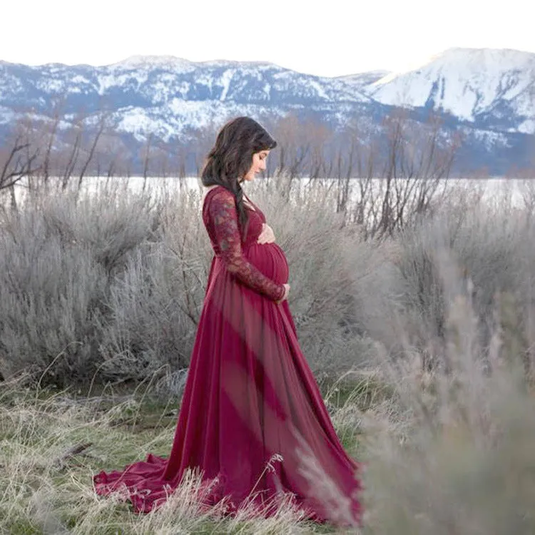 Maternity V-neck Long-sleeves Lace Top Full-length Chiffon Dress for Photoshoot