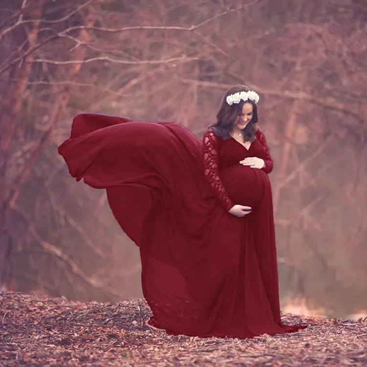Maternity V-neck Long-sleeves Lace Top Full-length Chiffon Dress for Photoshoot
