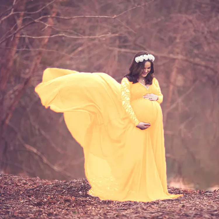 Maternity V-neck Long-sleeves Lace Top Full-length Chiffon Dress for Photoshoot
