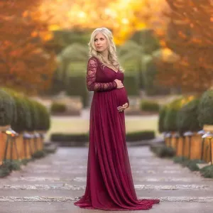 Maternity V-neck Long-sleeves Lace Top Full-length Chiffon Dress for Photoshoot