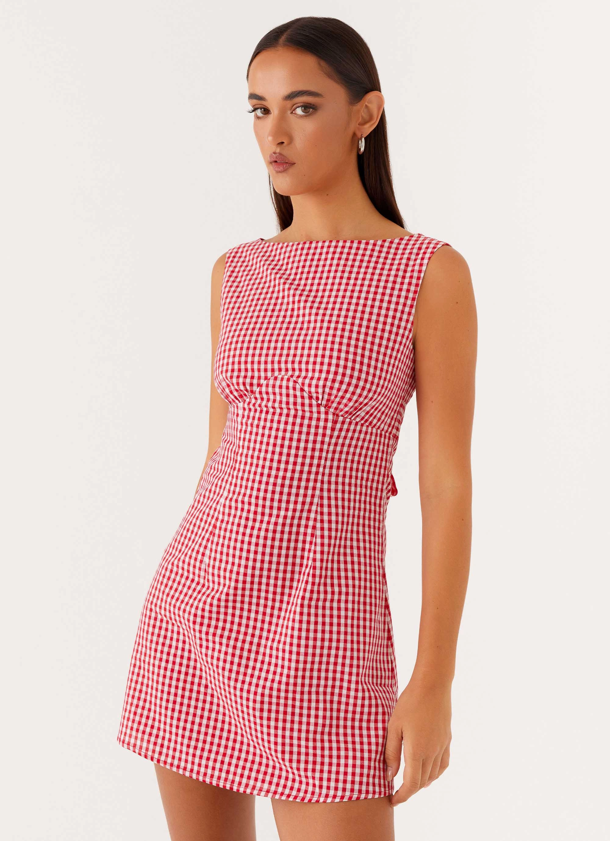 Lotus Tie Back Mini Dress - Red Gingham light colors