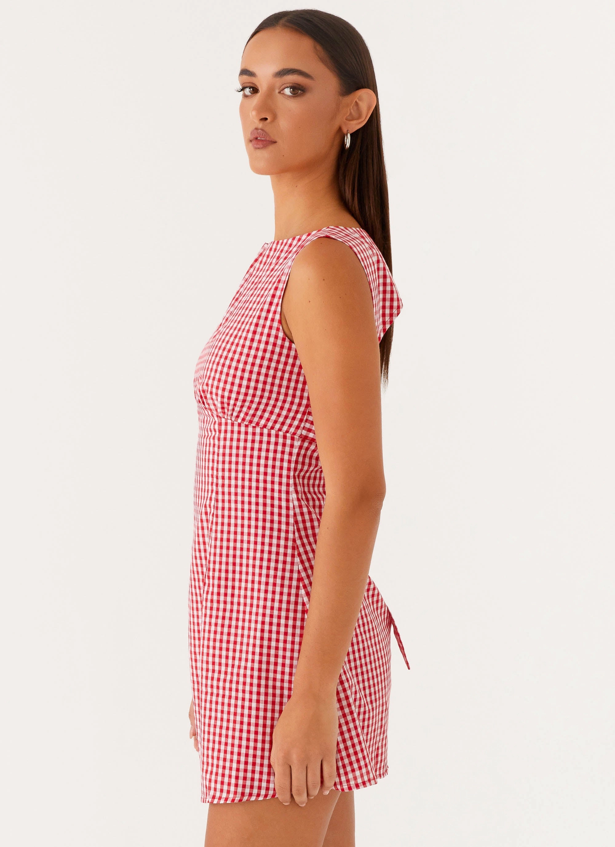 Elevated Casual Lotus Tie Back Mini Dress - Red Gingham