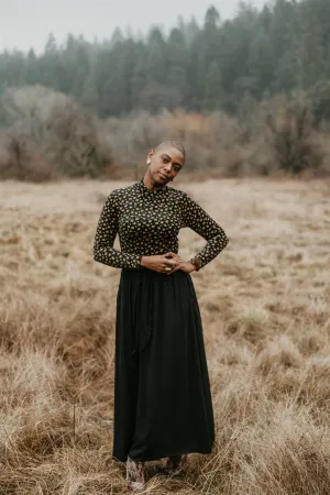 Maxi Wrap Skirt in Black Challis StaticResistantFabric Loose Blouse