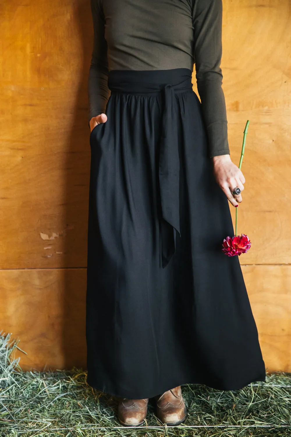 Maxi Wrap Skirt in Black Challis Breathable Material