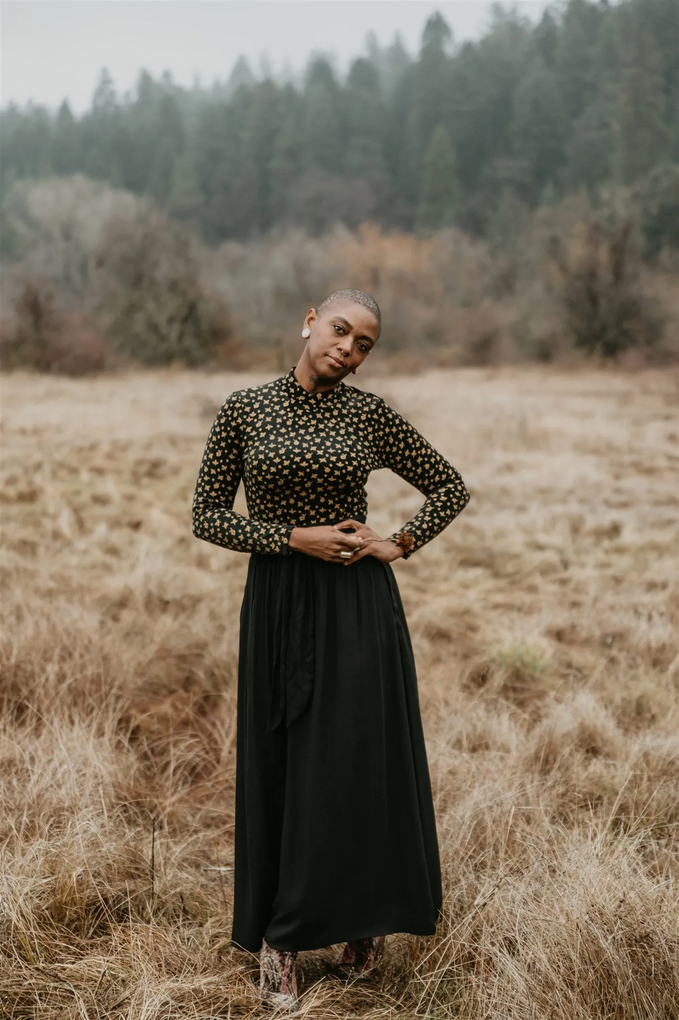 Maxi Wrap Skirt in Black Challis StaticResistantFabric Loose Blouse