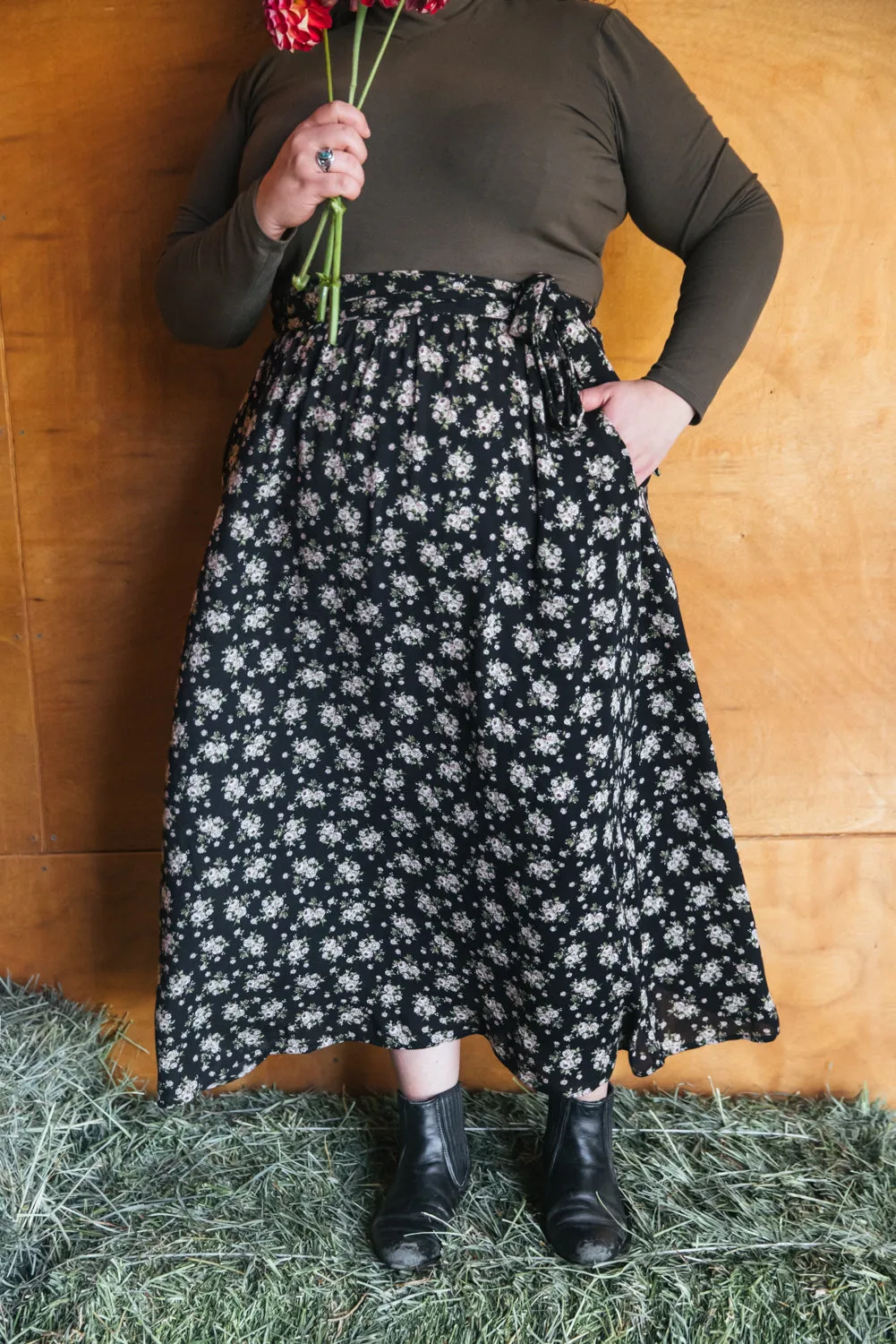 Maxi Wrap Skirt in Rose Crepe Layered Neckline Details MeshPanelIntegration