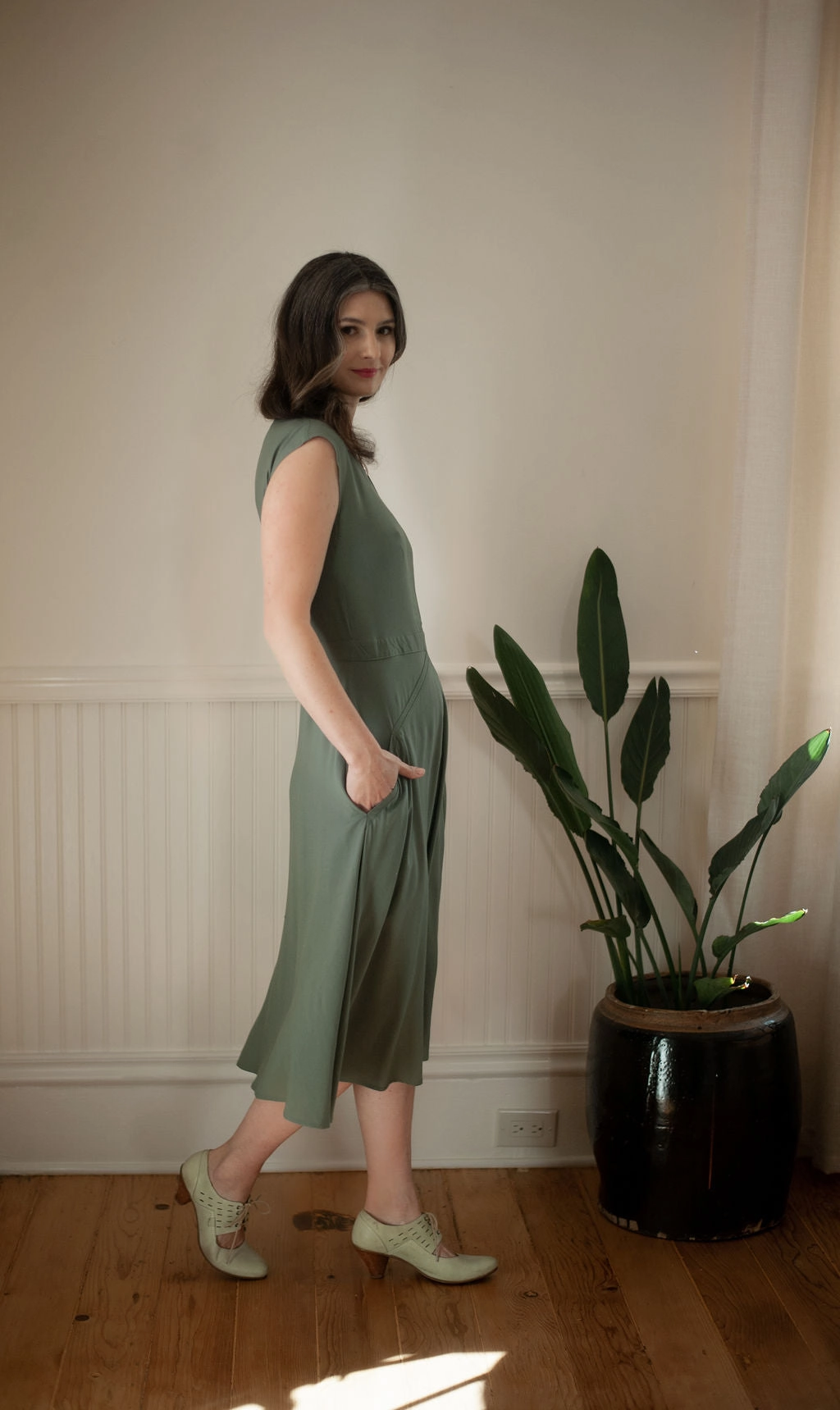 Xena Dress in Sage Green Challis Hidden Pocket
