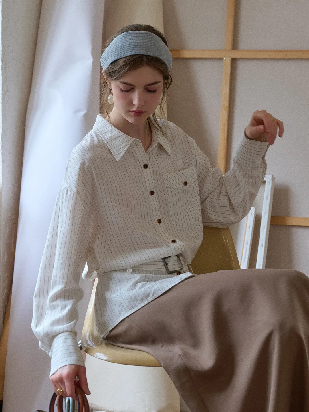 ButterSoft Handfeel Mckenna Lapel Stripes Belt Linen Shirt