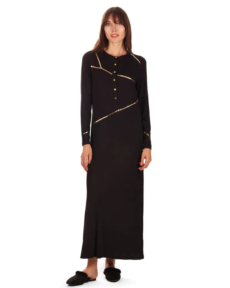 Me Moi Gold Foil Striped Black Button Down Modal Nightgown