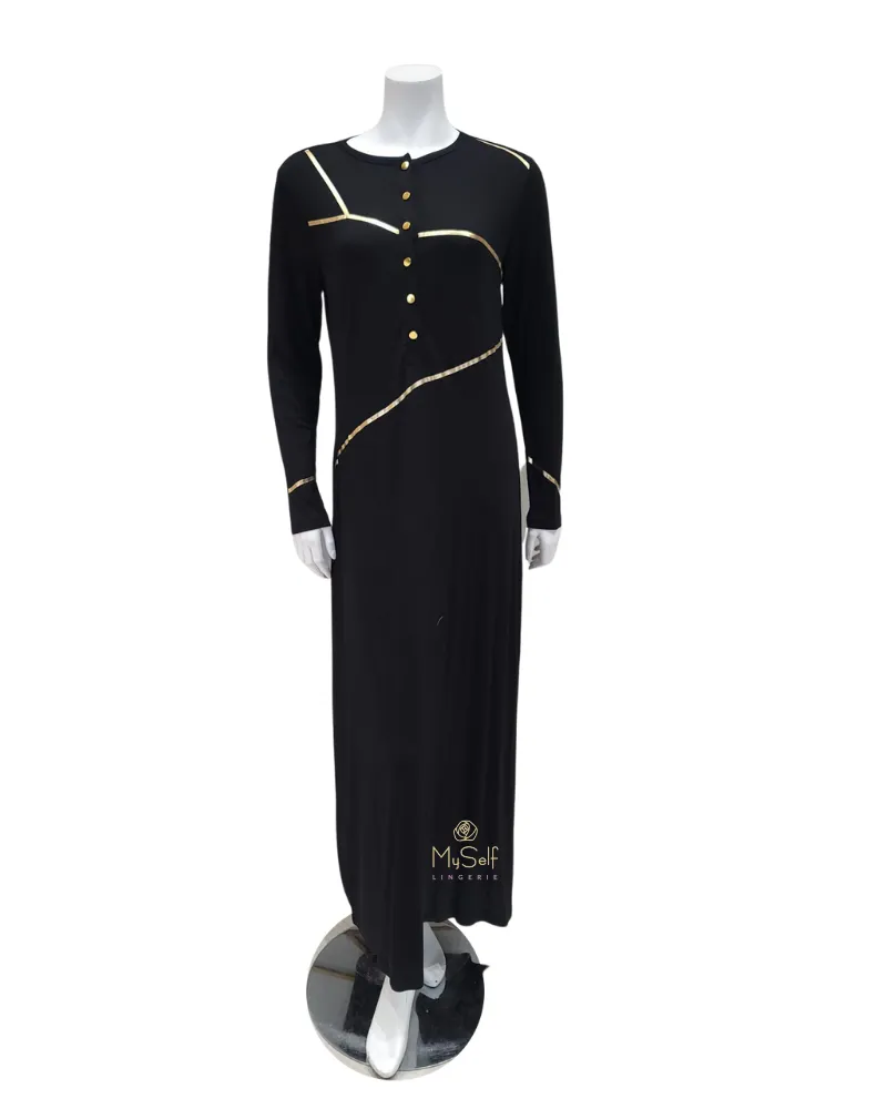 Me Moi Gold Foil Striped Black Button Down Modal Nightgown
