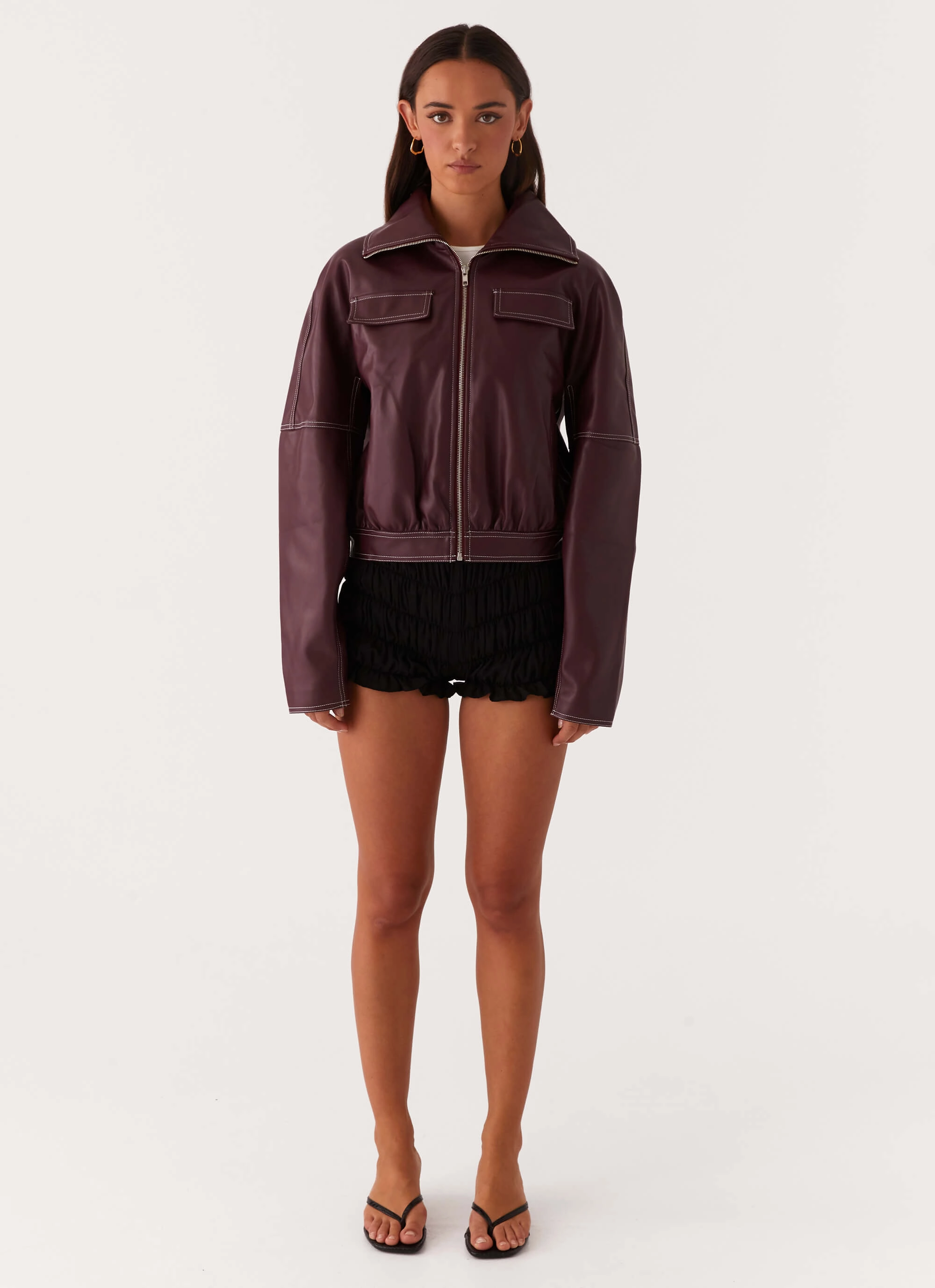 All Weather Versatility Meant To Be PU Boxy Jacket - Wine