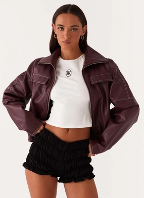 Meant To Be PU Boxy Jacket - Wine Side Pockets