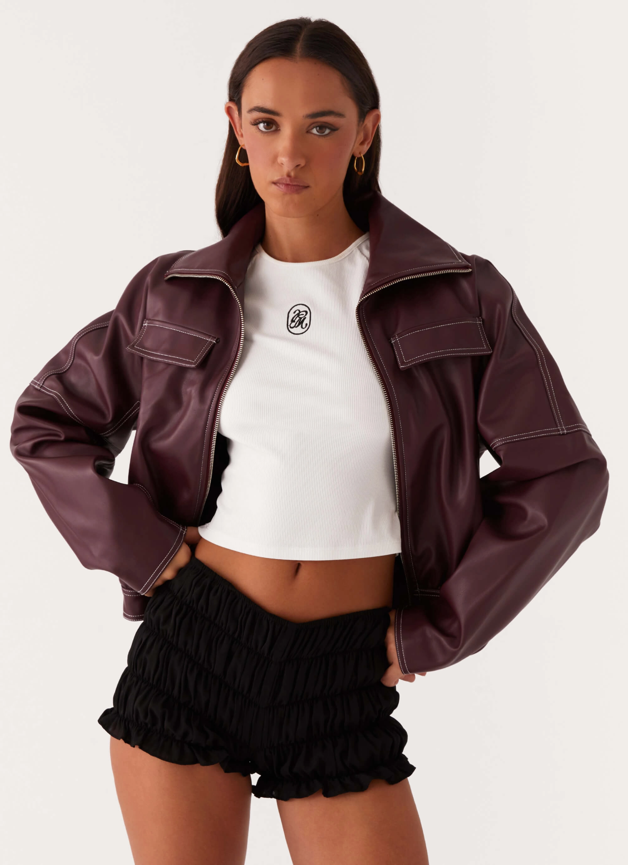 Meant To Be PU Boxy Jacket - Wine Side Pockets