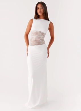 Mood Flex Satin Soft Medina Lace Maxi Dress - White