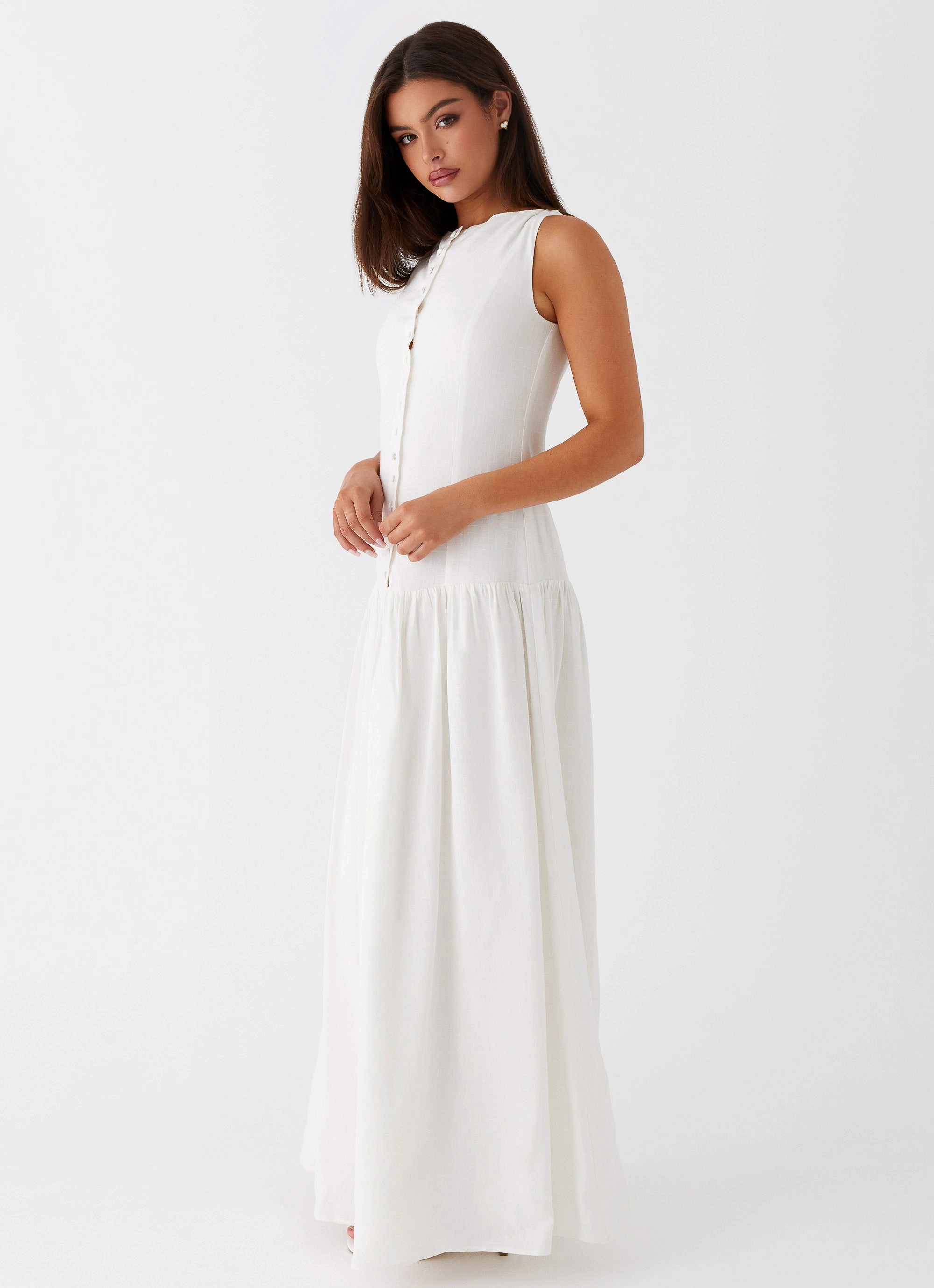 High-Low-Hem Cool Draping Meggie Linen Maxi Dress - White