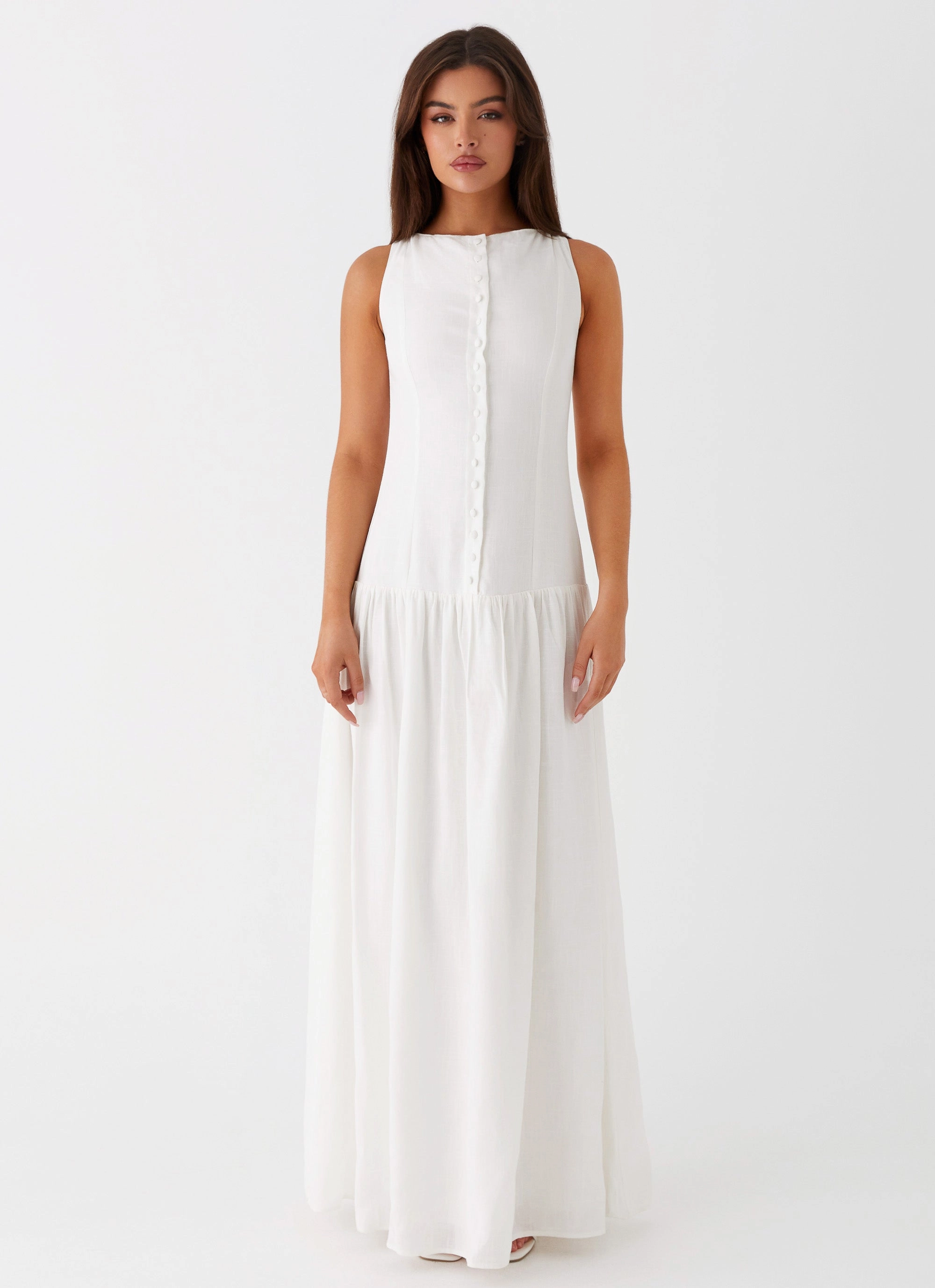 Meggie Linen Maxi Dress - White Skin Hug Pure Vibes