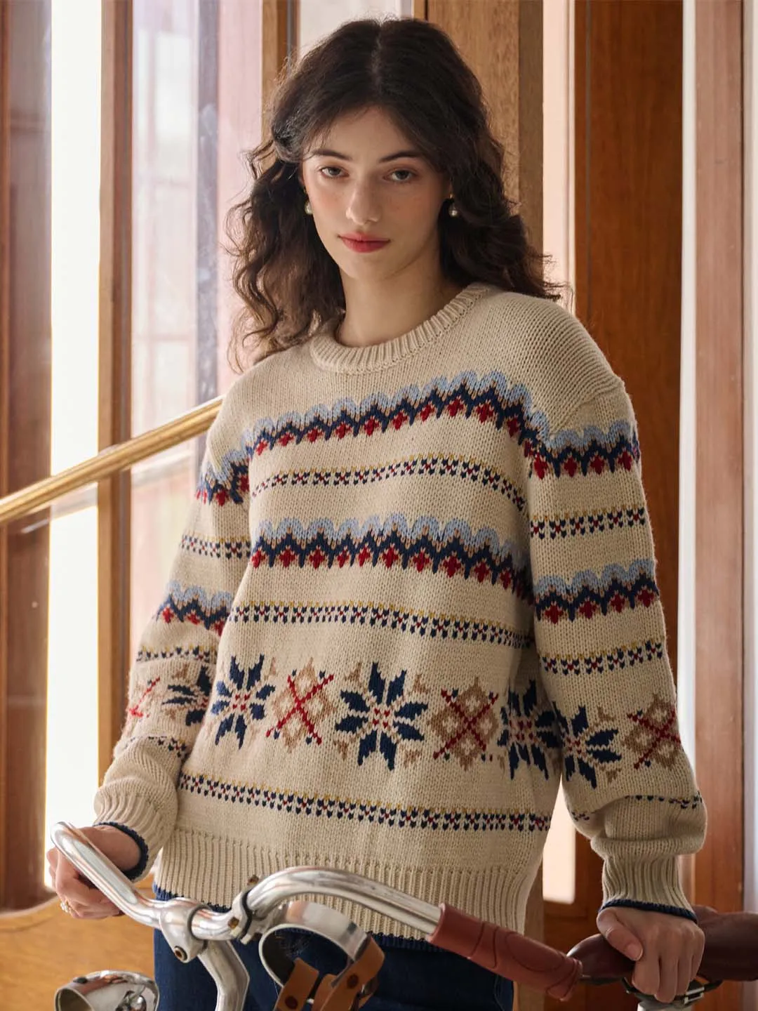Melanie Ribbed Crew Neck Fair Isle Geometric Sweater Eco Friendly Fabric