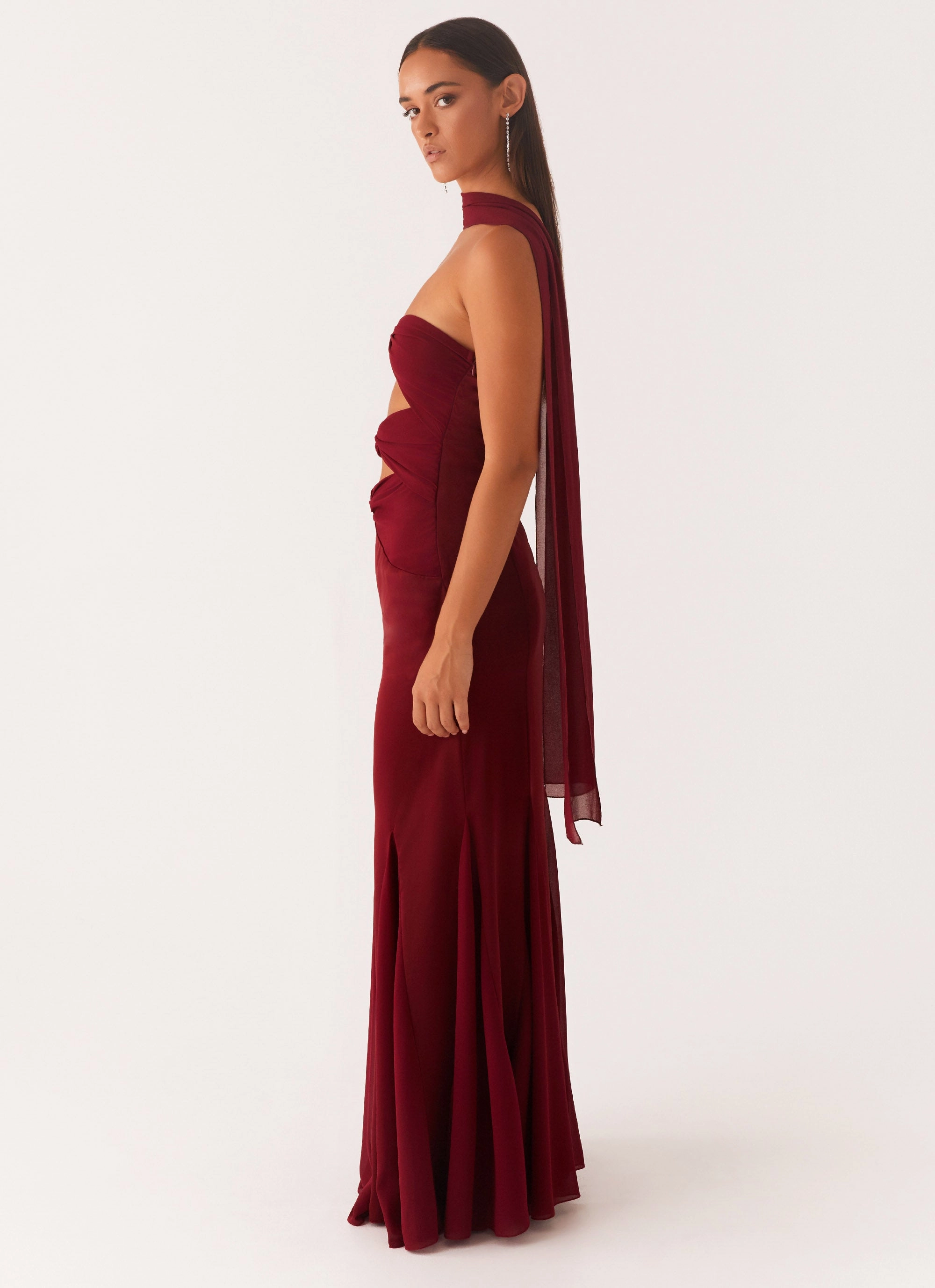 Melrose Satin Chiffon Maxi Dress - Deep Red Warm Season Mid layer