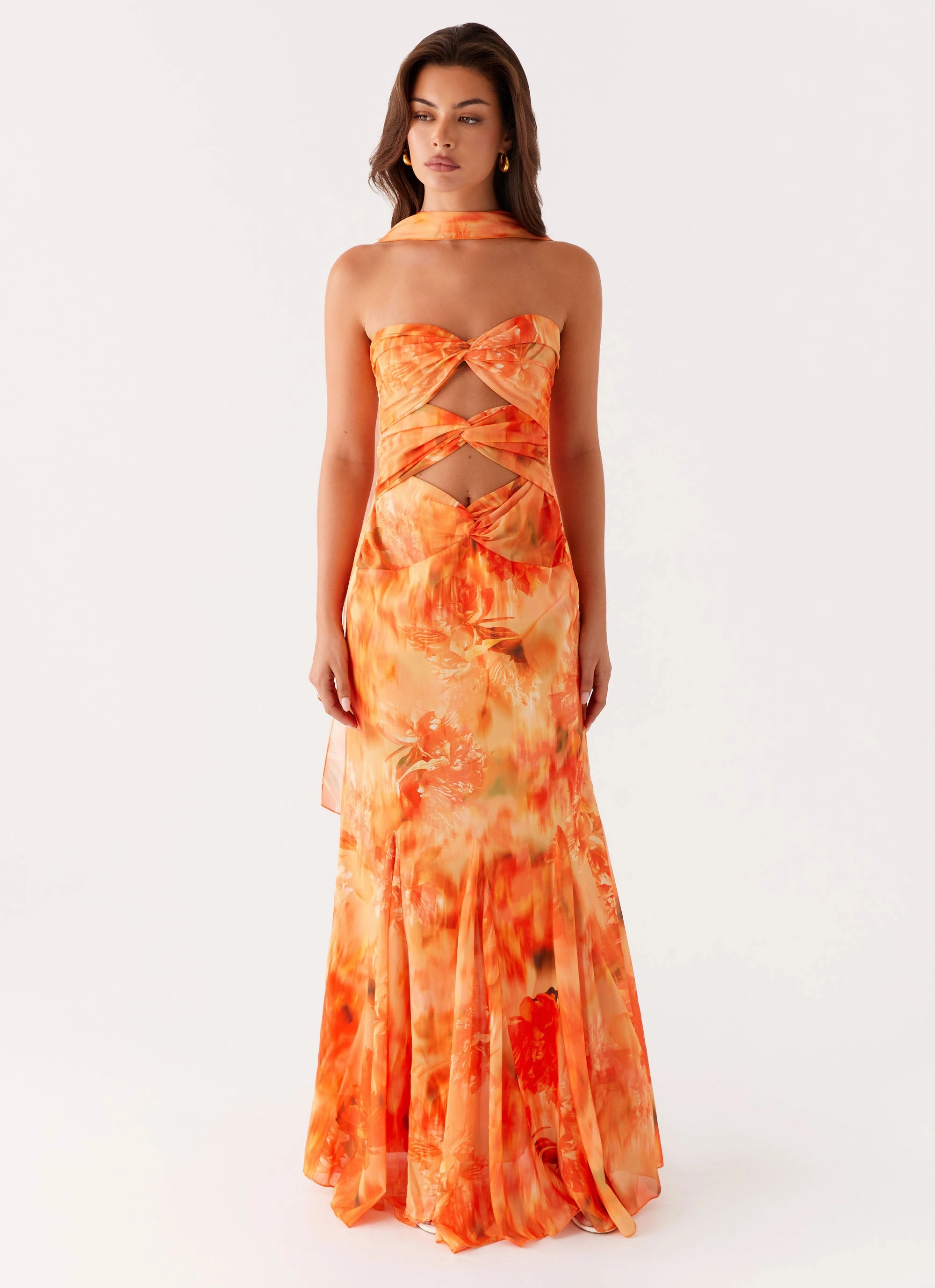 Melrose Satin Chiffon Maxi Dress - Sunset Floral Lounge Ready Red-Carpet
