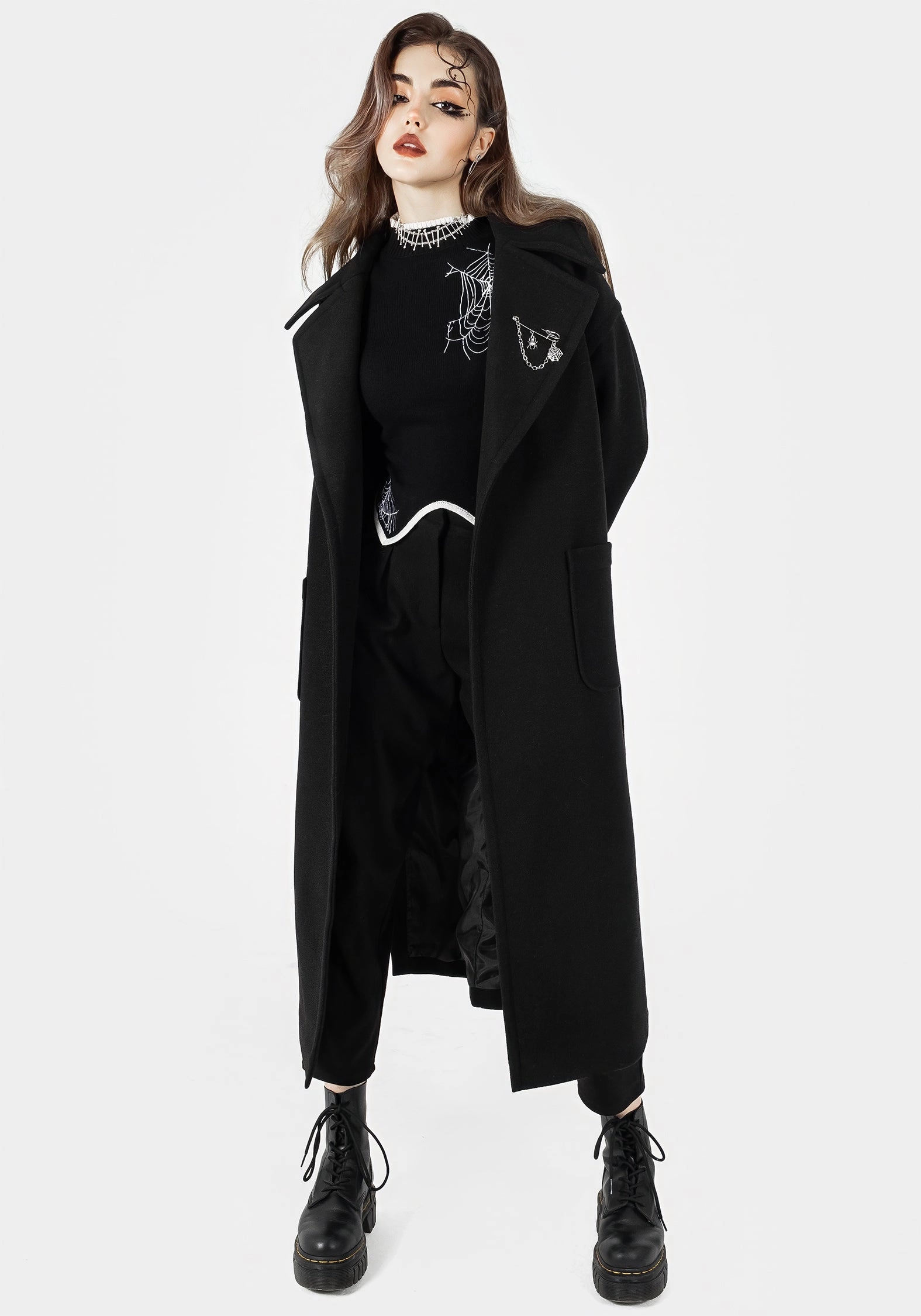 Lightweight Warmth Core Meltdown Oversized Coat with Brooch - Black