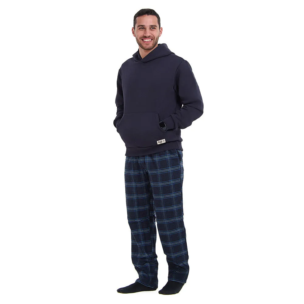 Men Winter Pajama Set Dark Blue Hoodie   Dark blue x Light blue Checkered Pants