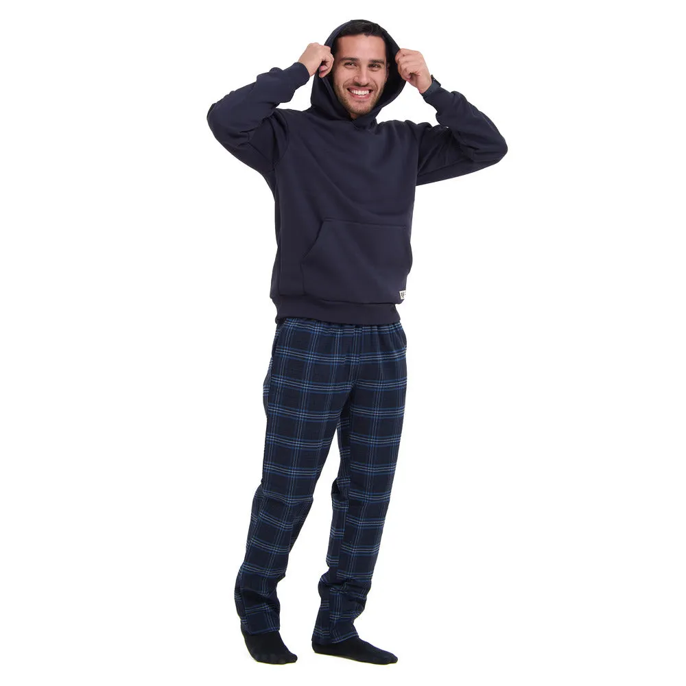 Men Winter Pajama Set Dark Blue Hoodie   Dark blue x Light blue Checkered Pants