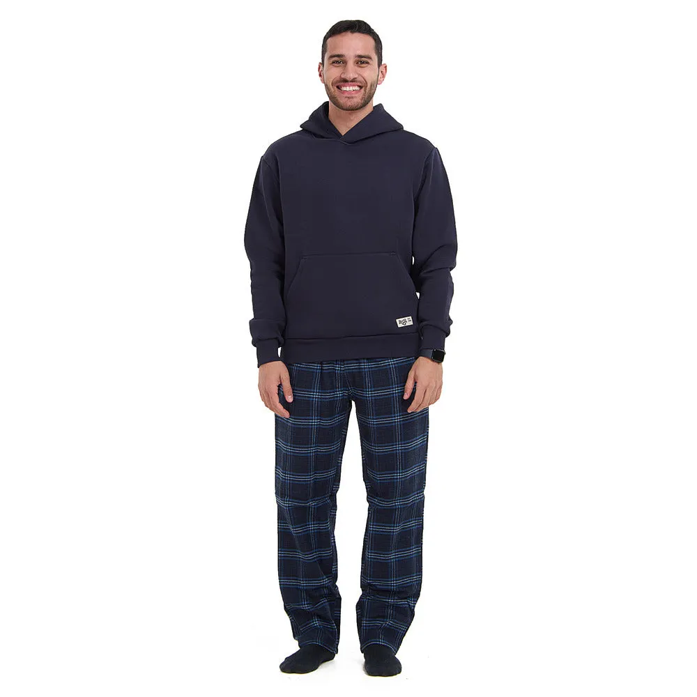 Men Winter Pajama Set Dark Blue Hoodie   Dark blue x Light blue Checkered Pants