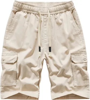 Mens 100% Cotton Cargo Shorts - Elastic Waist Drawstring Relaxed Fit Casual Outdoor Shorts Multi Pockets Work Short Pants