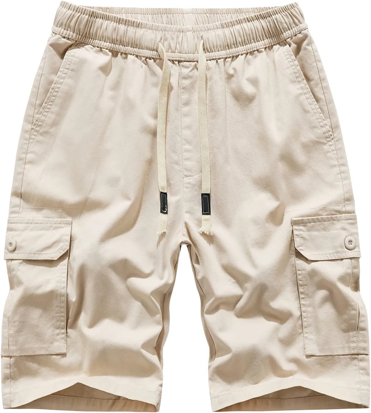 Mens 100% Cotton Cargo Shorts - Elastic Waist Drawstring Relaxed Fit Casual Outdoor Shorts Multi Pockets Work Short Pants