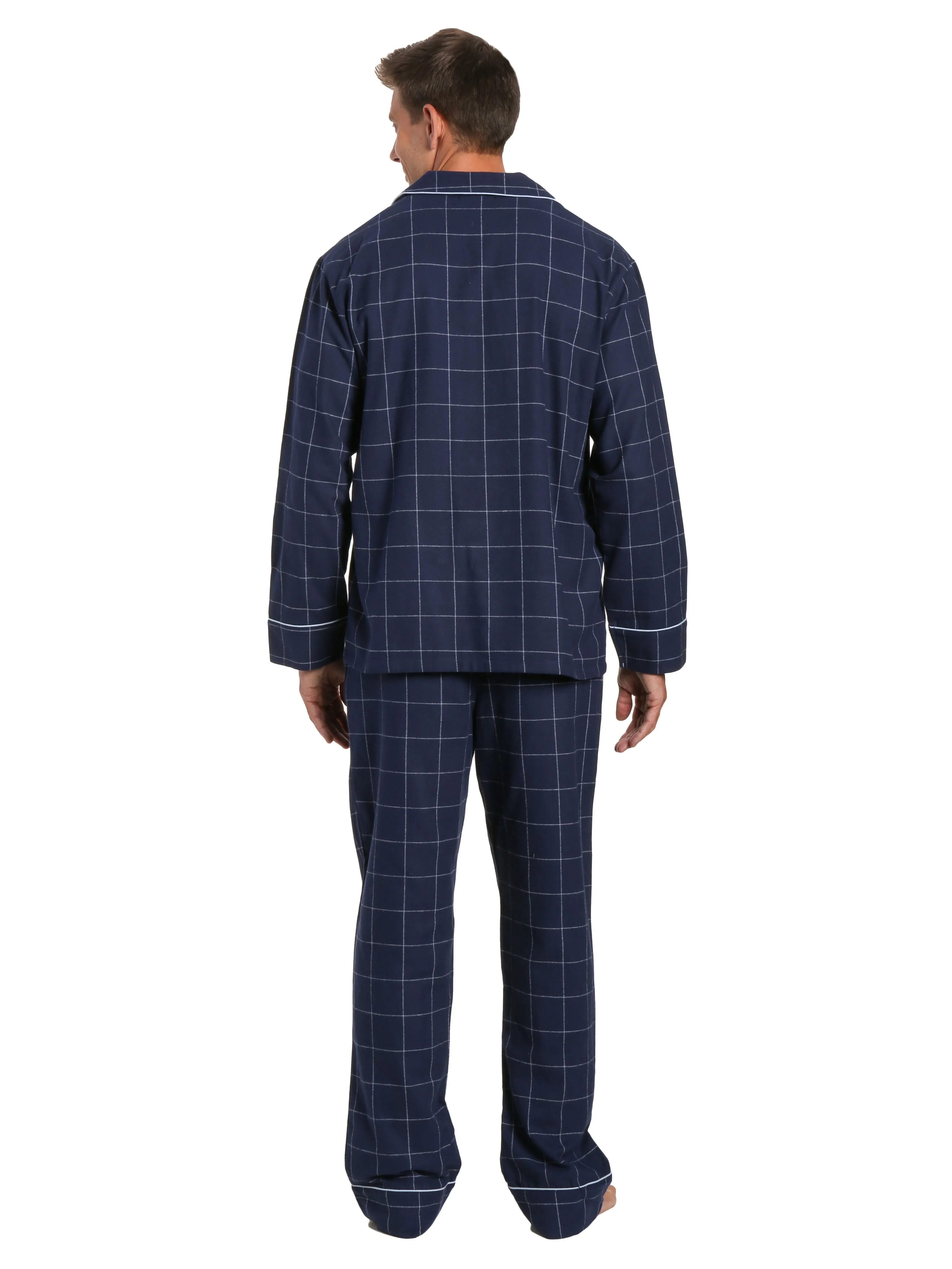 Mens 100% Cotton Flannel Pajama Set - Windowpane Checks - Navy