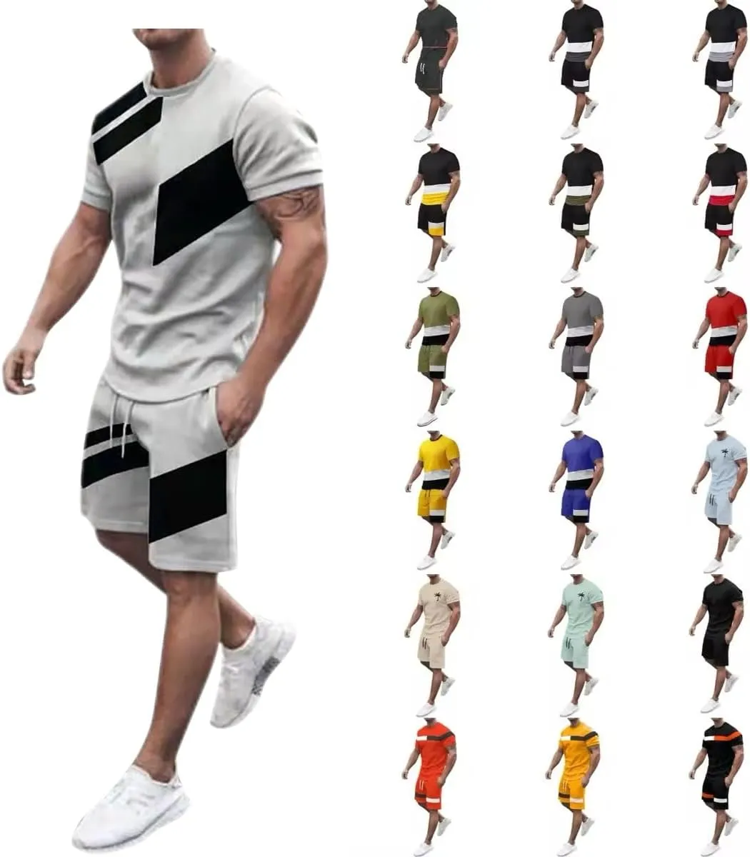 Men's 2 Piece Outfits Summer Tracksuits Casual Suits Oversize Workout Athletic Short Sleeve Tshirts and Short Sets