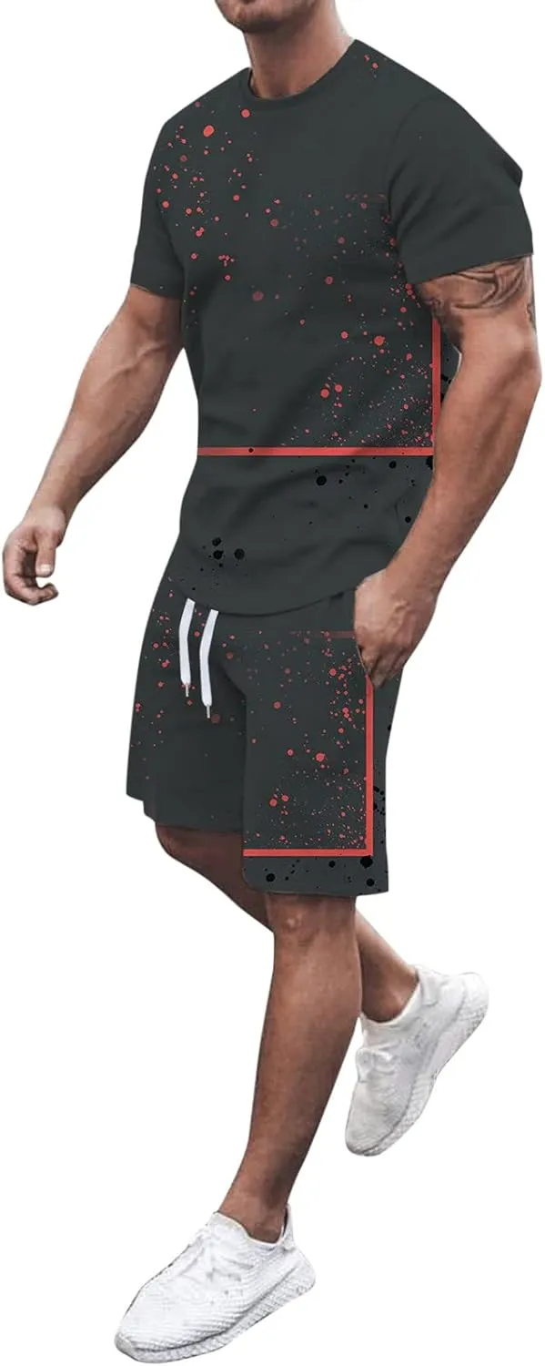 Men's 2 Piece Outfits Summer Tracksuits Casual Suits Oversize Workout Athletic Short Sleeve Tshirts and Short Sets