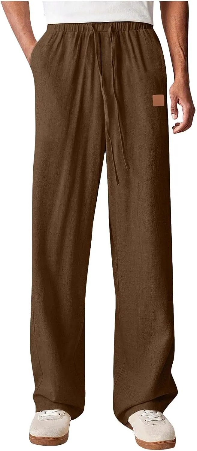 Mens Baggy Drawstring Linen Pants Lightweight Elastic Waist Yoga Beach Cotton Trousers Casual Wide Leg Straight Pants