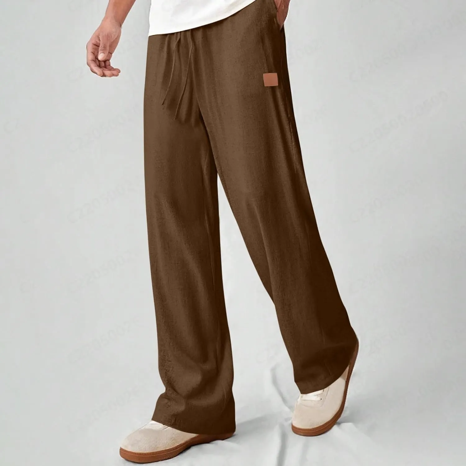 Mens Baggy Drawstring Linen Pants Lightweight Elastic Waist Yoga Beach Cotton Trousers Casual Wide Leg Straight Pants