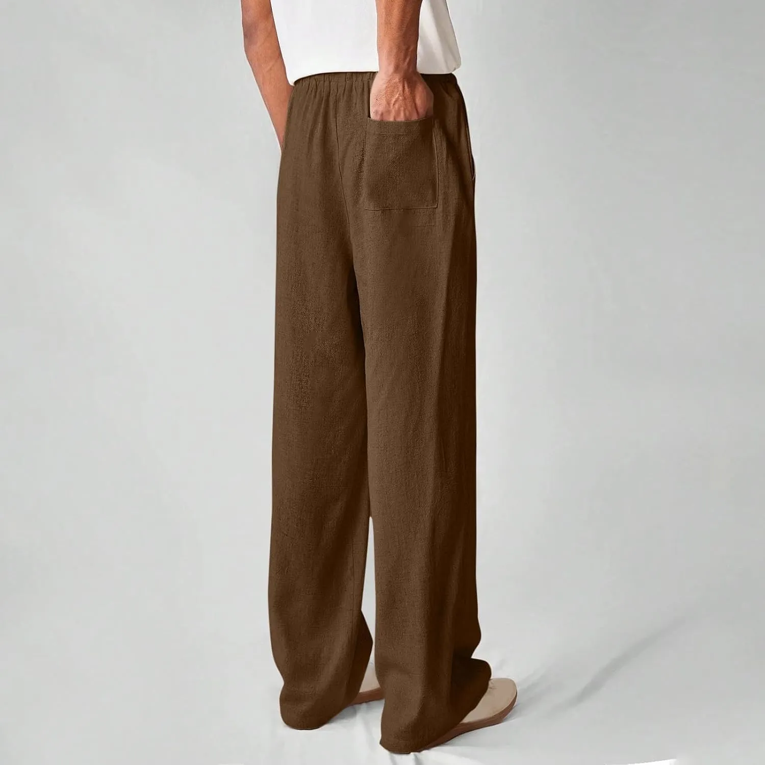 Mens Baggy Drawstring Linen Pants Lightweight Elastic Waist Yoga Beach Cotton Trousers Casual Wide Leg Straight Pants