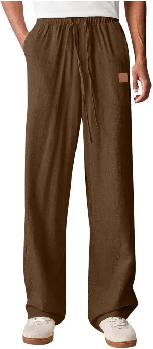 Mens Baggy Drawstring Linen Pants Lightweight Elastic Waist Yoga Beach Cotton Trousers Casual Wide Leg Straight Pants