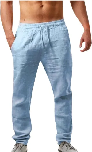 Mens Casual Cotton Linen Pants Elastic Waist Lightweight Loose Fit Summer Cotton Beach Yoga Trousers
