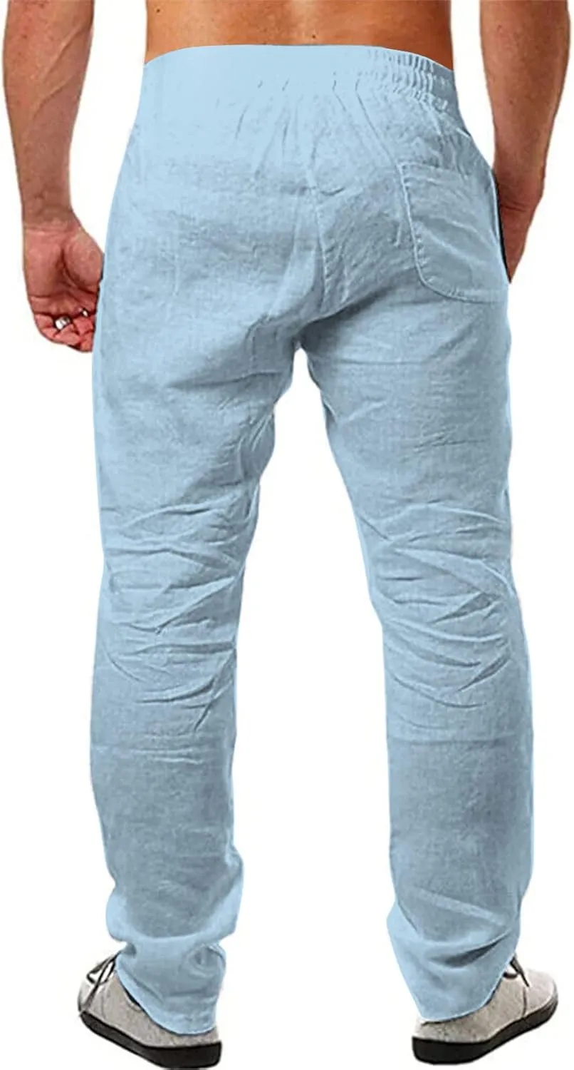 Mens Casual Cotton Linen Pants Elastic Waist Lightweight Loose Fit Summer Cotton Beach Yoga Trousers