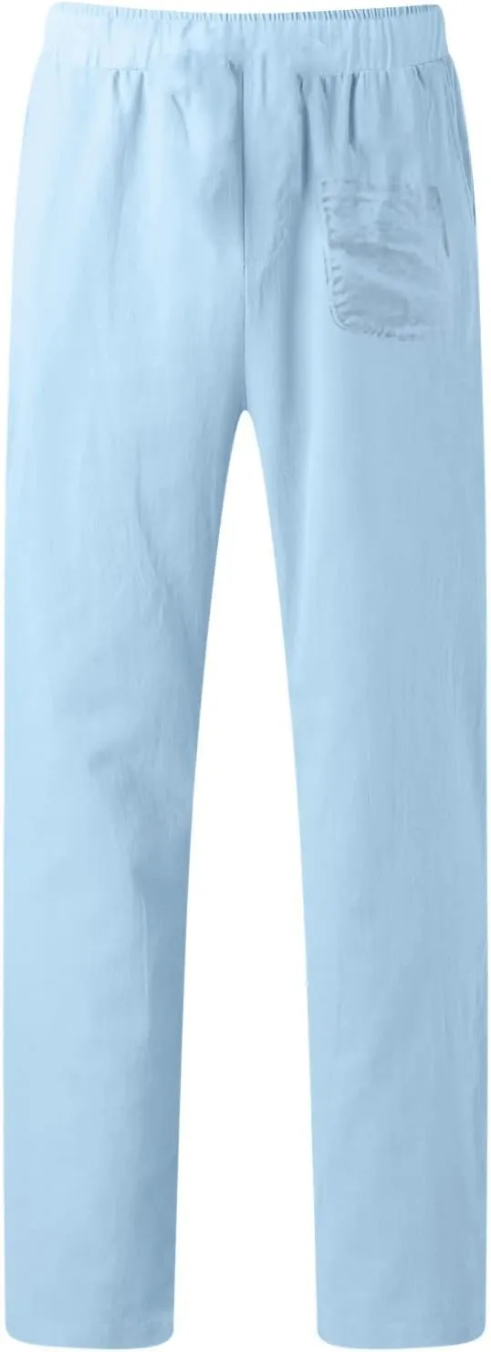 Mens Casual Cotton Linen Pants Elastic Waist Lightweight Loose Fit Summer Cotton Beach Yoga Trousers