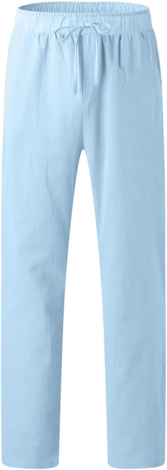 Mens Casual Cotton Linen Pants Elastic Waist Lightweight Loose Fit Summer Cotton Beach Yoga Trousers