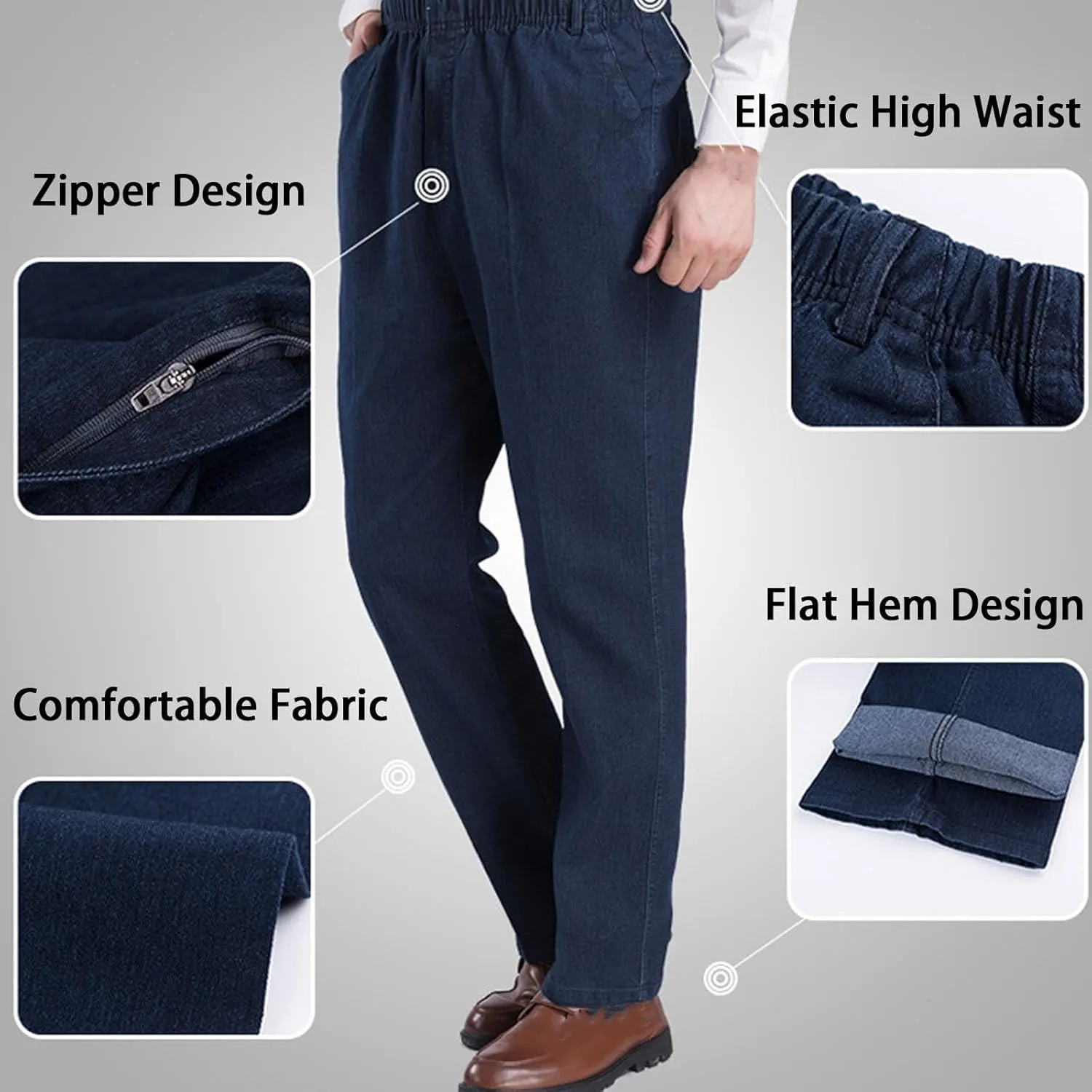 Mens Elastic Waist Jeans, Flexible Waist Straight Fit Comfort Denim, Relaxed Fit with, Elastic Waist Jeans for Men