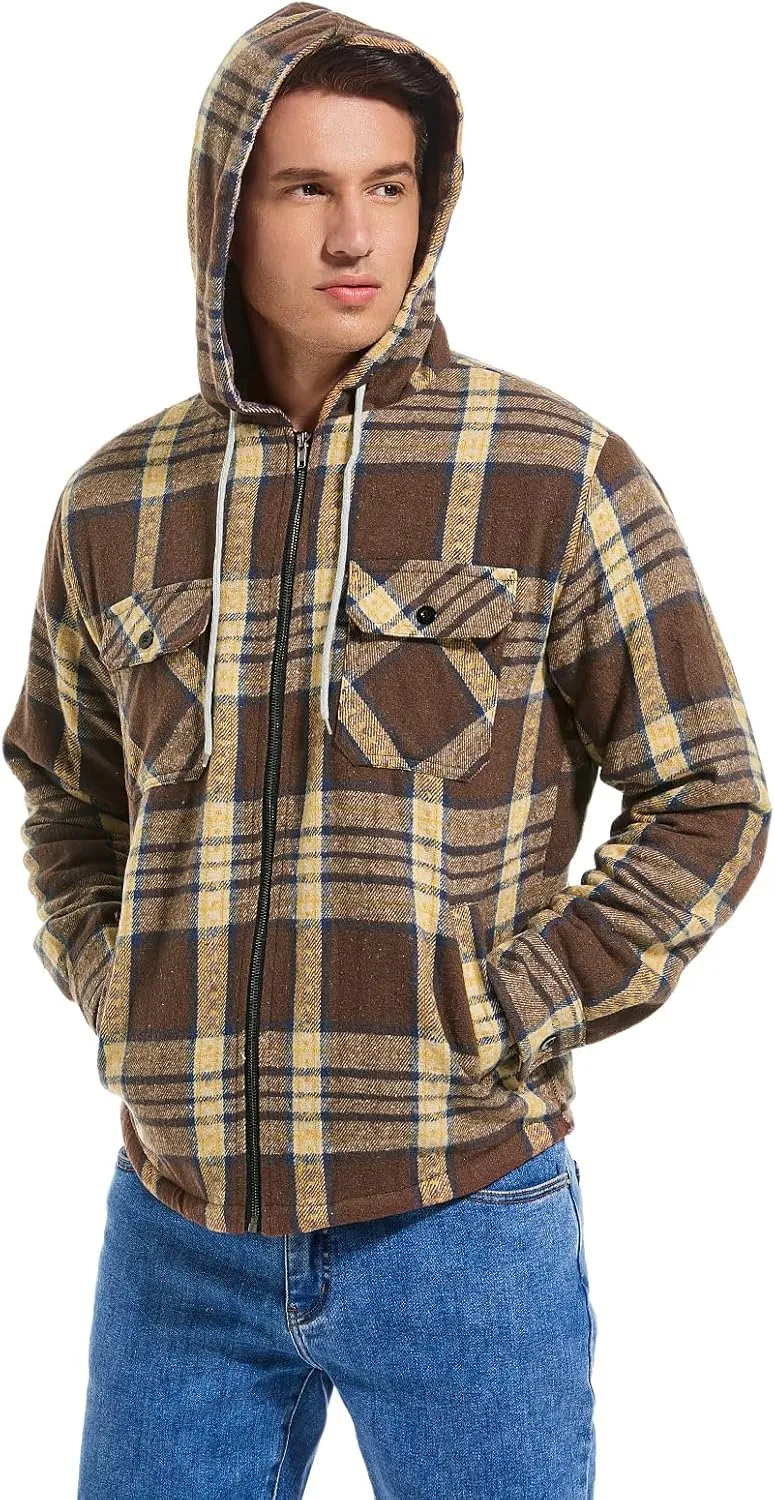 Men's Full Zip Flannel Jacket Sherpa Fleece Lined Hoodie Jacket Plaid Flannel Shirt Jackets with Pocket