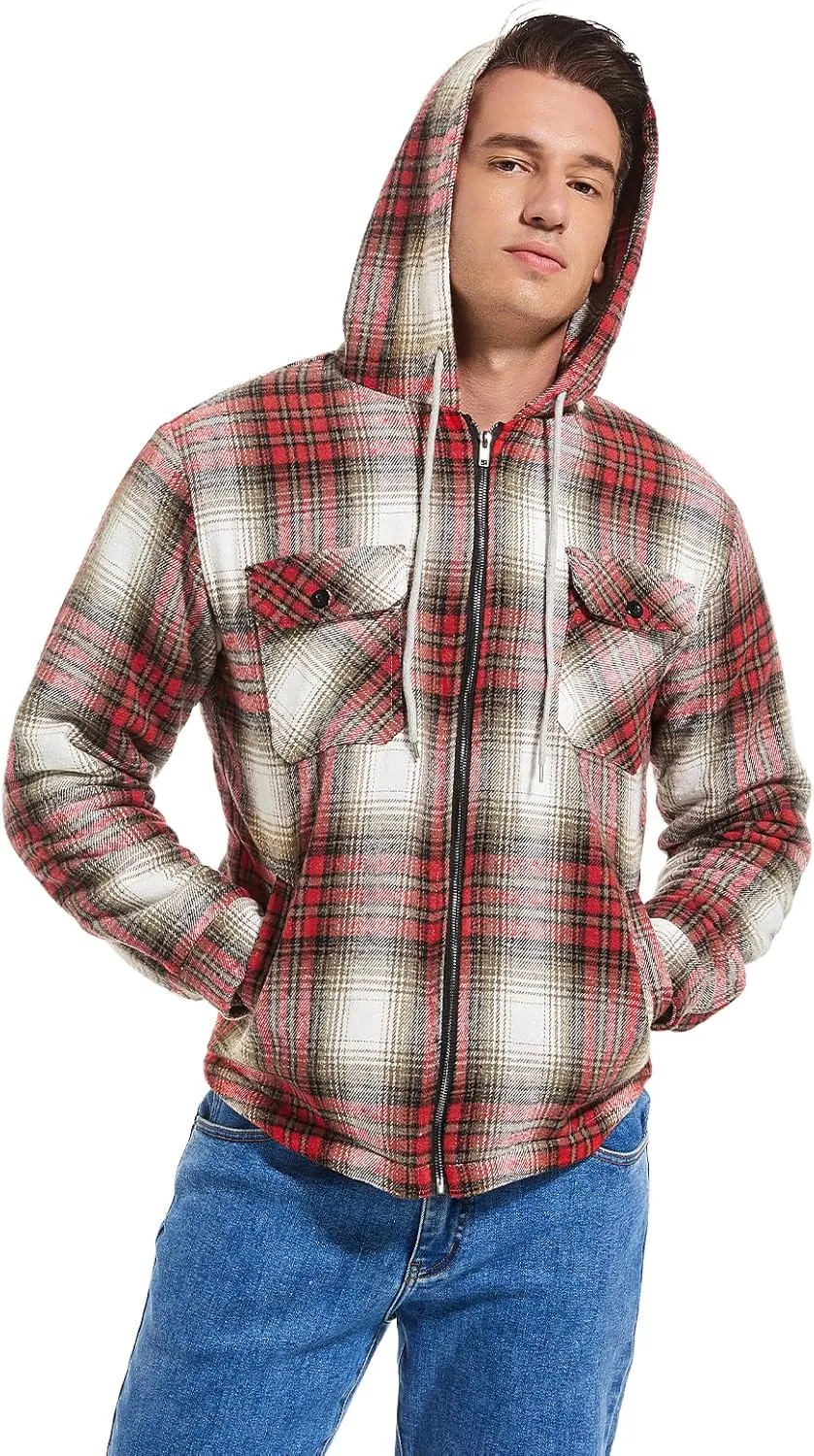 Men's Full Zip Flannel Jacket Sherpa Fleece Lined Hoodie Jacket Plaid Flannel Shirt Jackets with Pocket