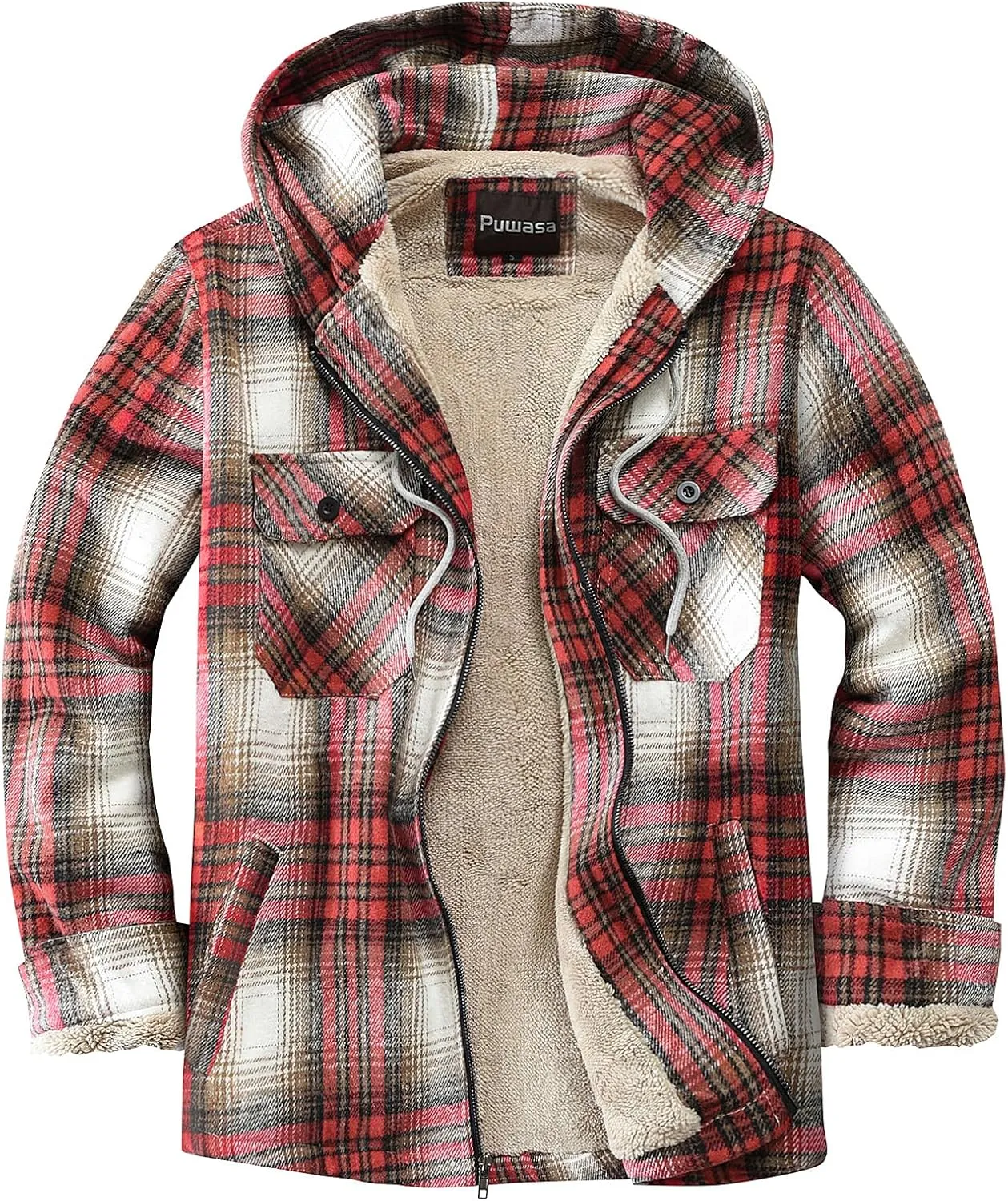 Men's Full Zip Flannel Jacket Sherpa Fleece Lined Hoodie Jacket Plaid Flannel Shirt Jackets with Pocket