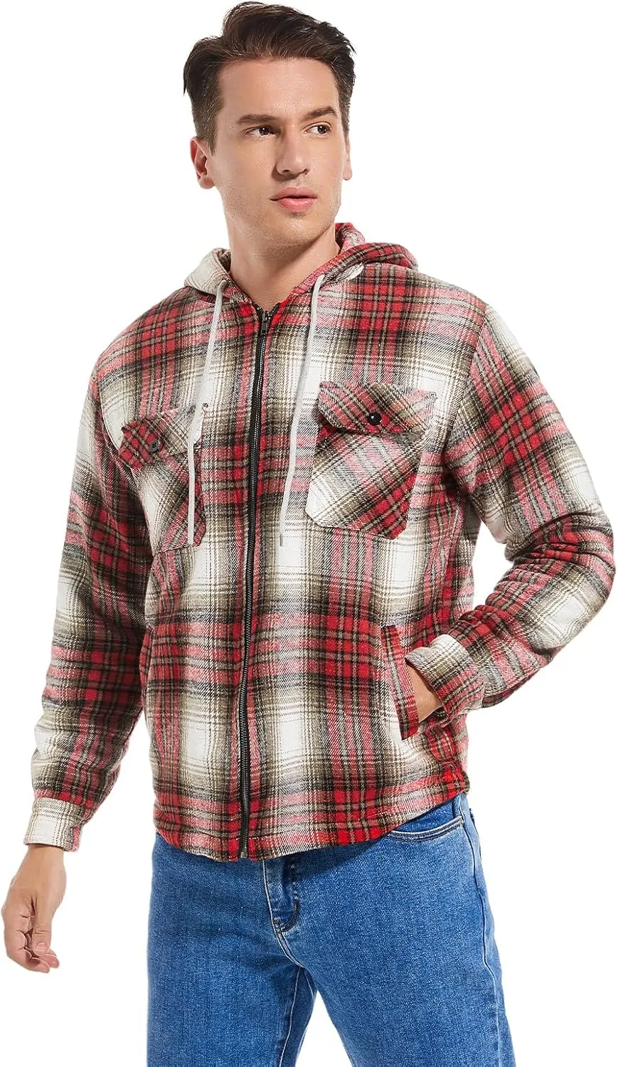 Men's Full Zip Flannel Jacket Sherpa Fleece Lined Hoodie Jacket Plaid Flannel Shirt Jackets with Pocket