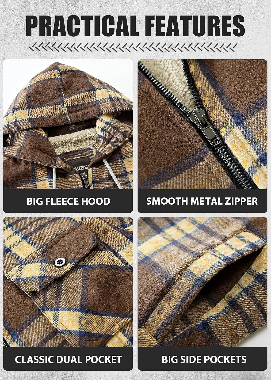 Men's Full Zip Flannel Jacket Sherpa Fleece Lined Hoodie Jacket Plaid Flannel Shirt Jackets with Pocket