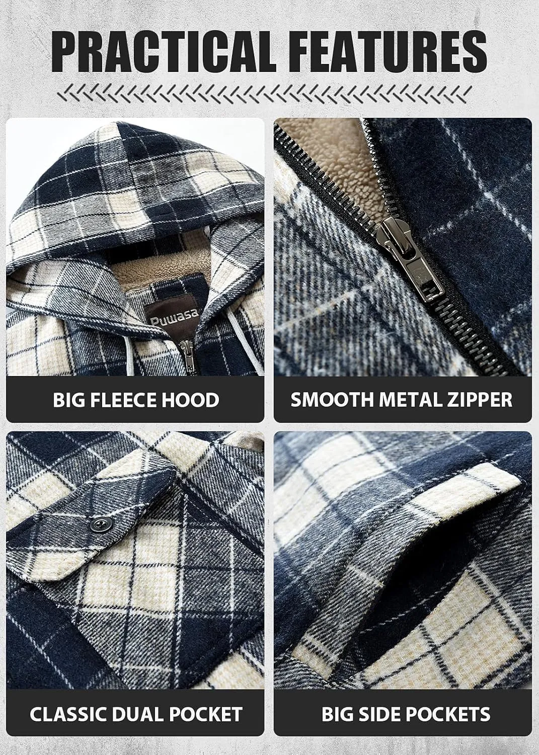 Men's Full Zip Flannel Jacket Sherpa Fleece Lined Hoodie Jacket Plaid Flannel Shirt Jackets with Pocket